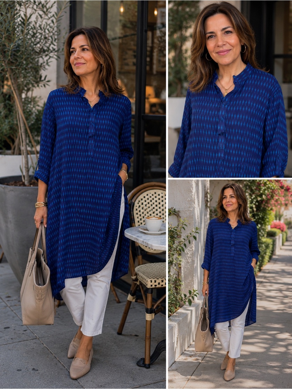 Blue Patterned Long Sleeve Women's Tunic Dress